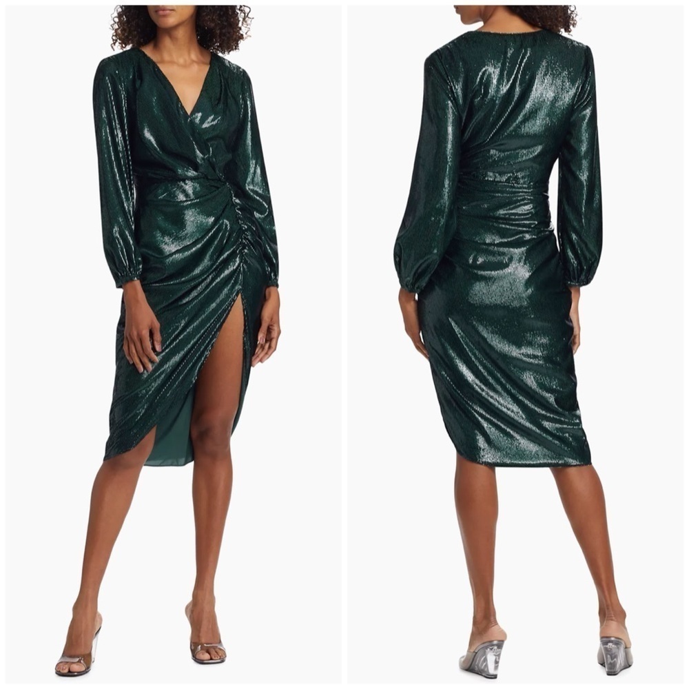 New Amanda Uprichard Roma Metallic Long Sleeve Midi Dress Metallic Green Sz M